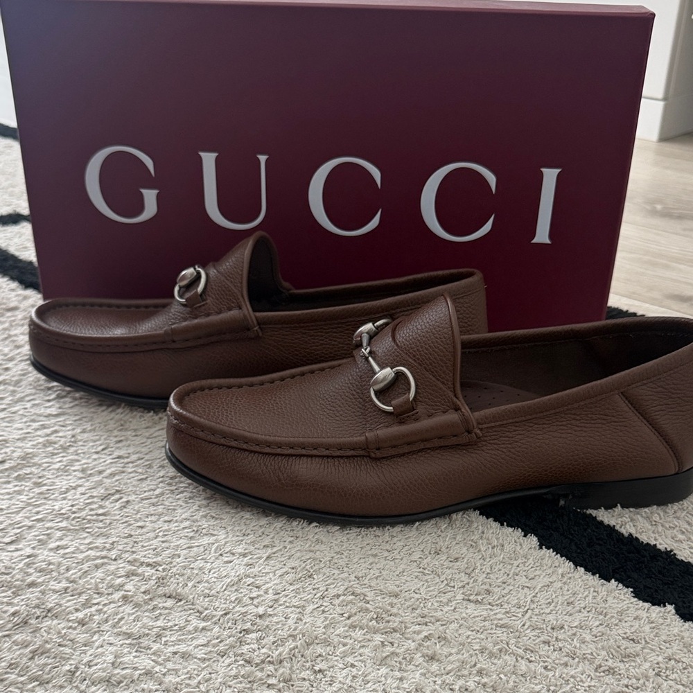 Gucci Brown Pebbled Leather Horsebit Slip-On Loafers